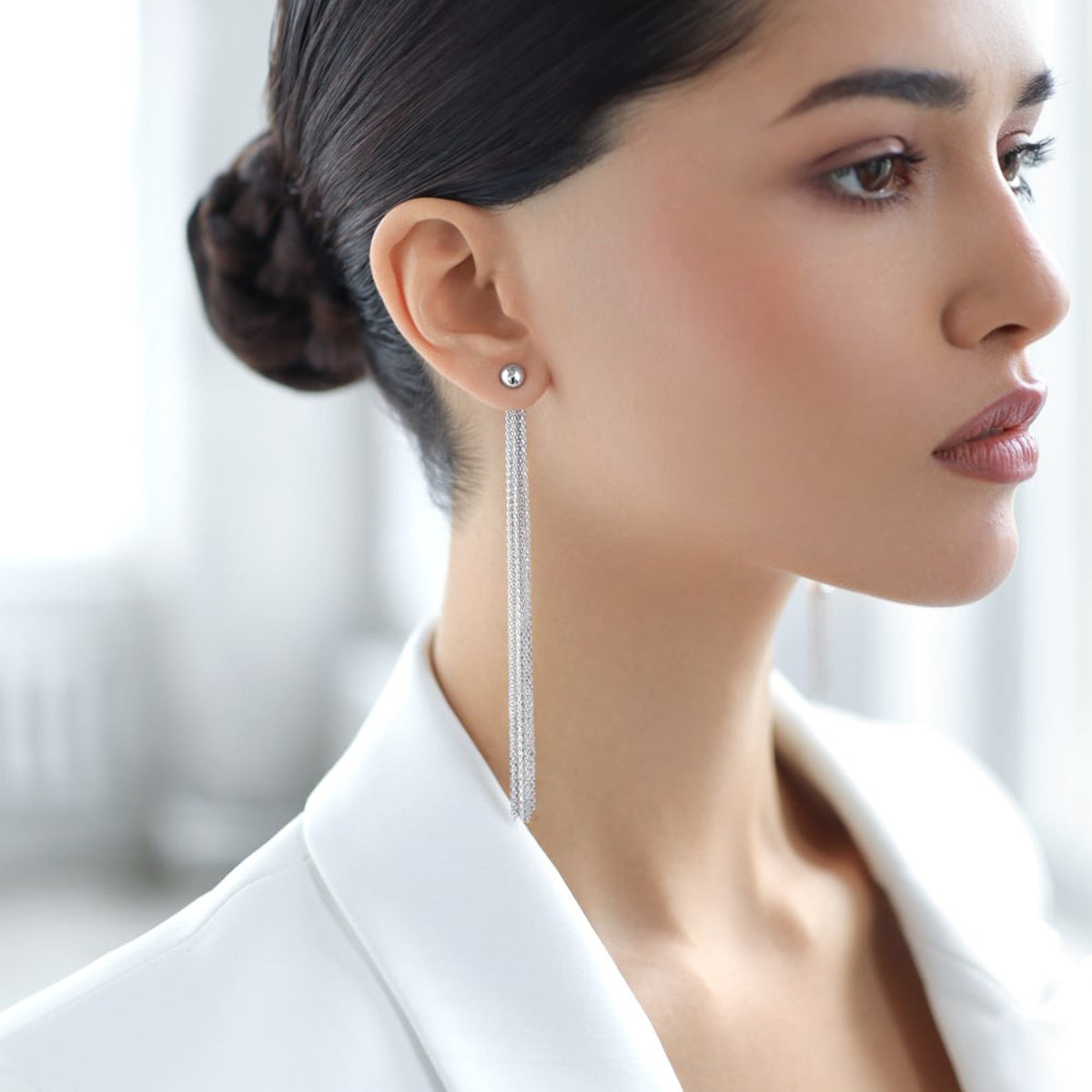 Long Fringe Earrings - 925 Sterling Silver Geometric Ball Drop Earrings