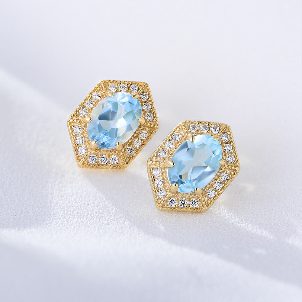 925 Sterling Silver Geometric Sky Blue Topaz Stud Earrings, Minimalist High-End Jewelry