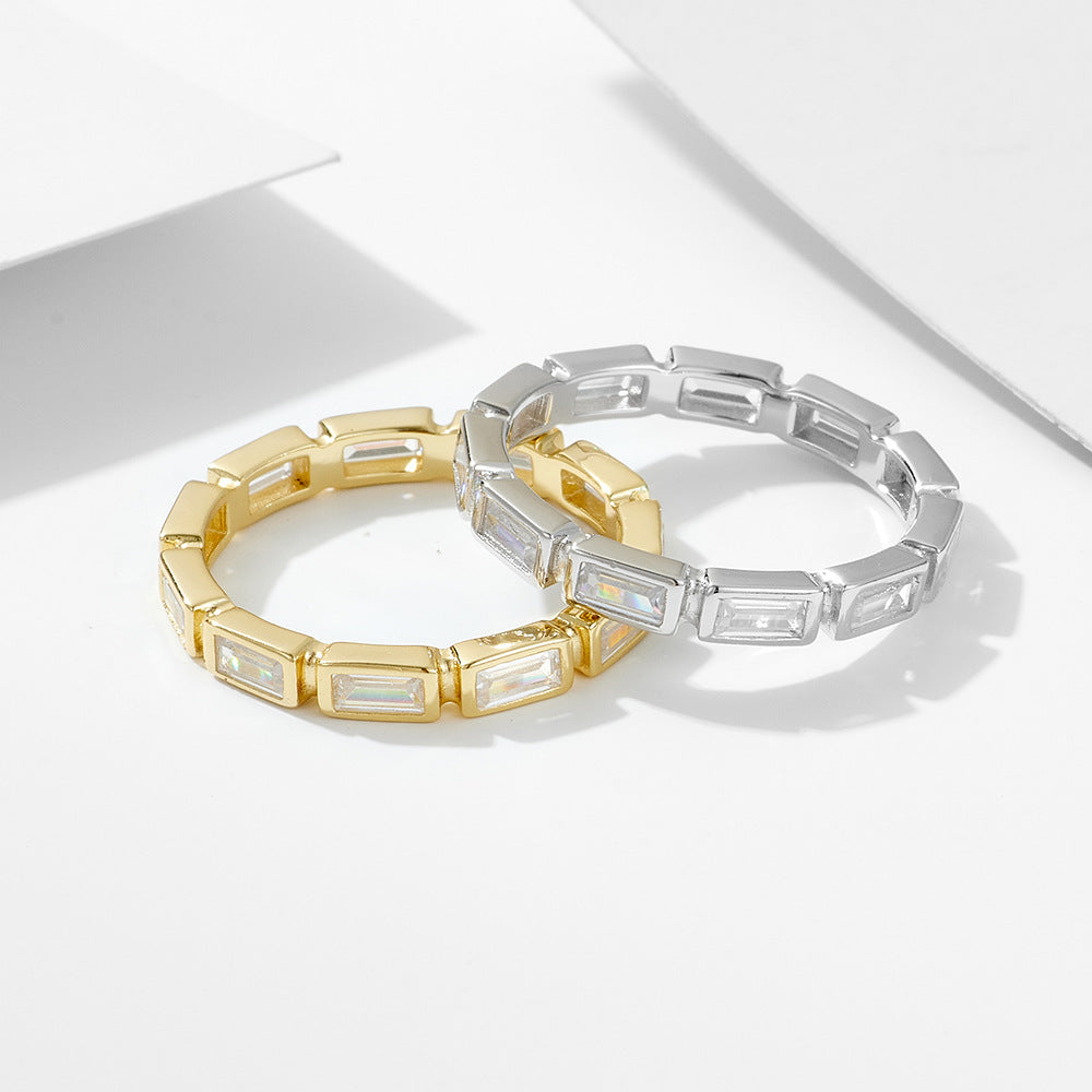 925 Sterling Silver Rectangular Zirconia Geometric Ring, Ins Style Stacking Minimalist Jewelry