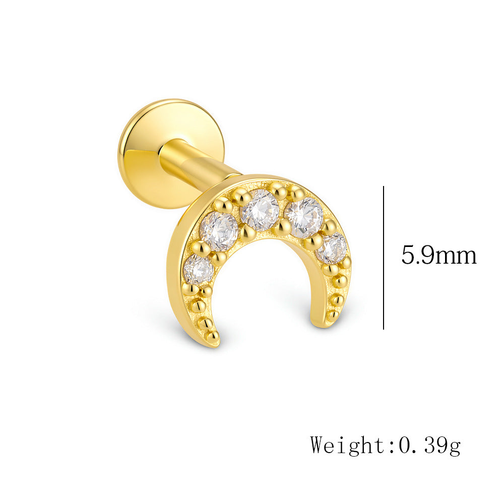 925 Sterling Silver Pave Zirconia Moon Labret Stud, Minimalist Flat Back Cartilage Piercing