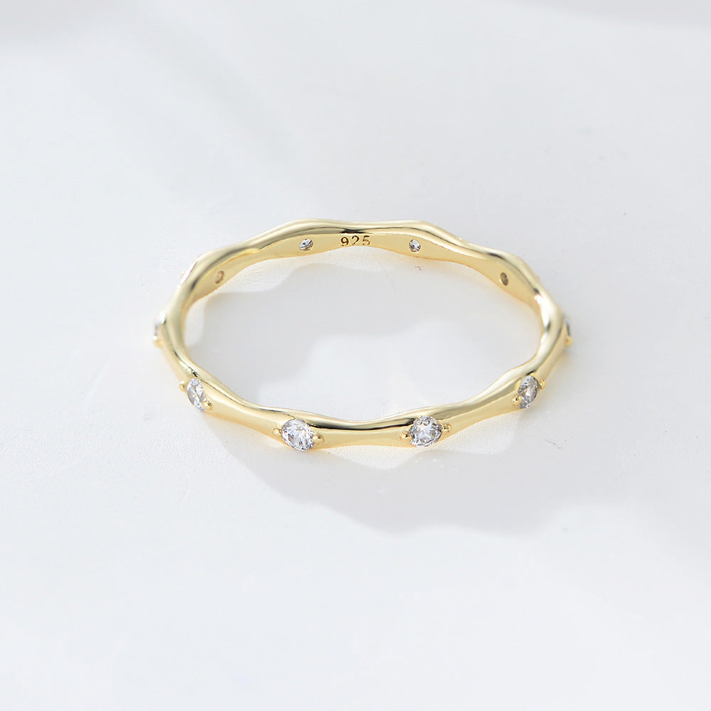925 Sterling Silver Geometric Bamboo Joint Ring, Minimalist Zirconia High-End Jewelry