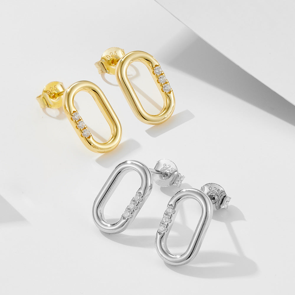 925 Sterling Silver U-Shape Hoop Earrings, Rectangular Zirconia Studs for Women, Minimalist Geometric Oval Ear Buckles