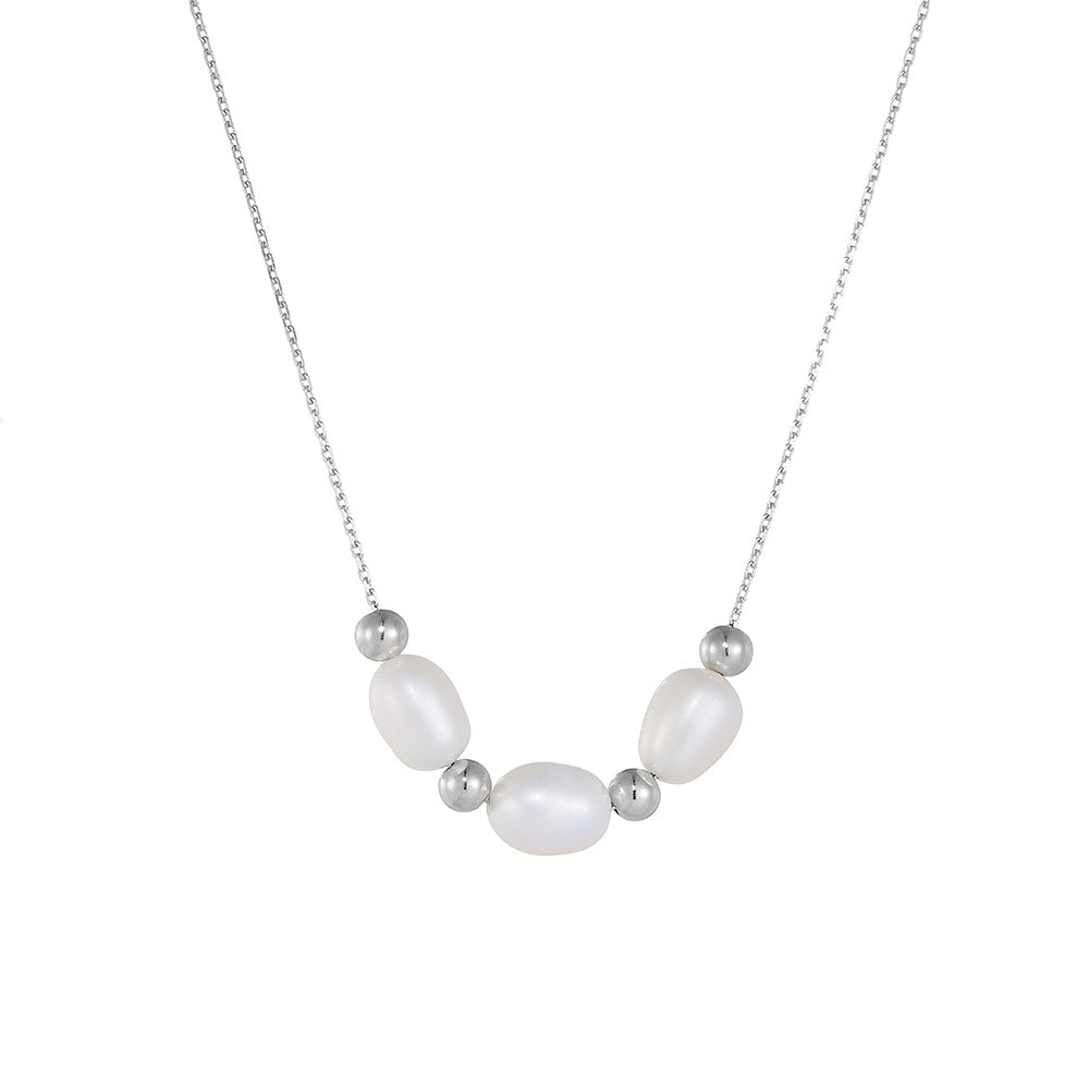 925 Sterling Silver Natural Freshwater Pearl Necklace, Elegant French Vintage Jewelry