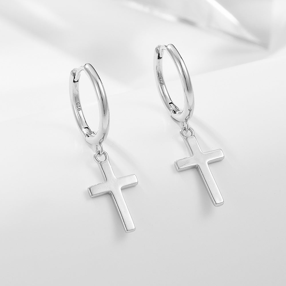 925 Sterling Silver Cross Drop Hoop Earrings, Minimalist Hip-Hop Style Jewelry