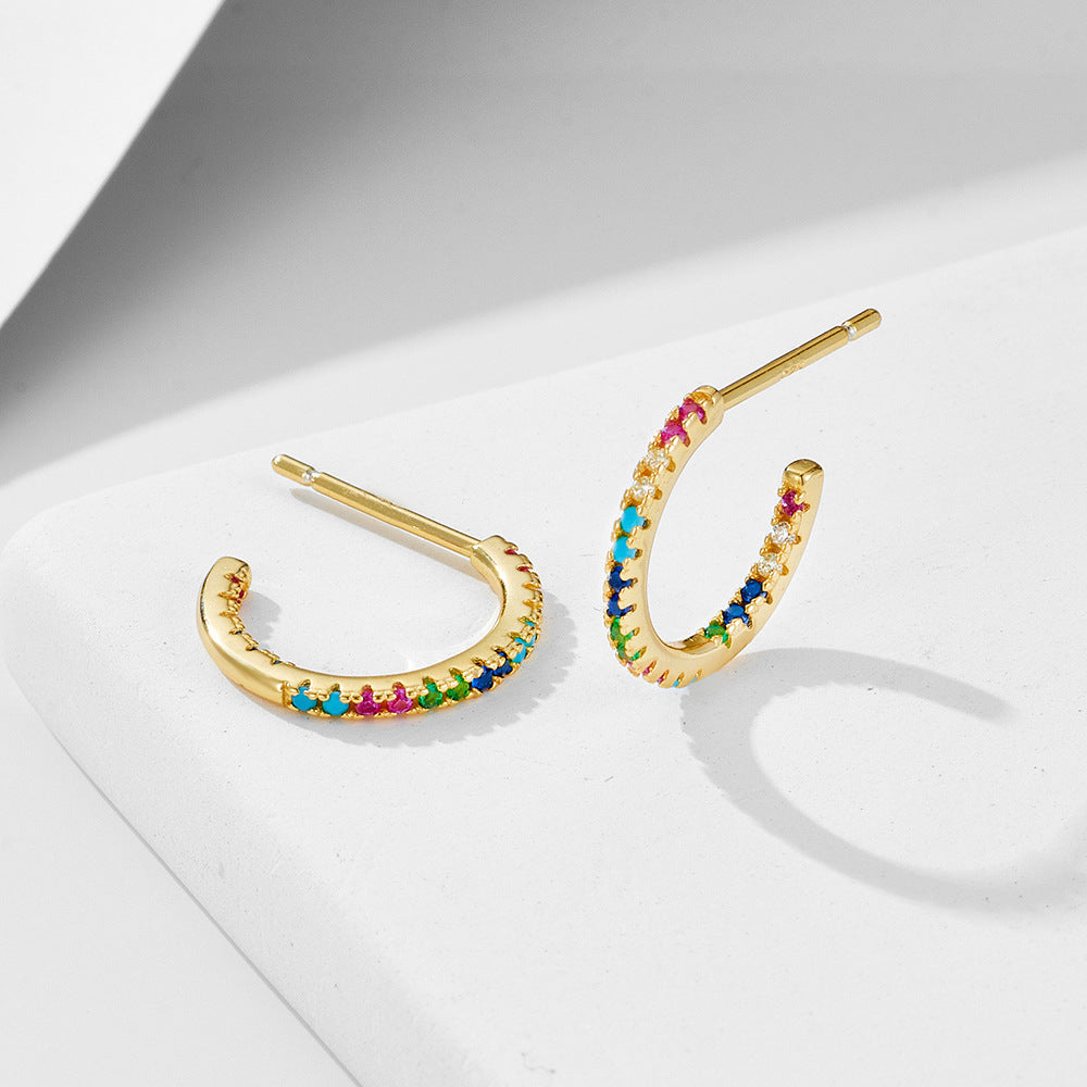 S925 Silver Rainbow C-Shape Earrings, Micro-Pave Zirconia Half Hoops for Women