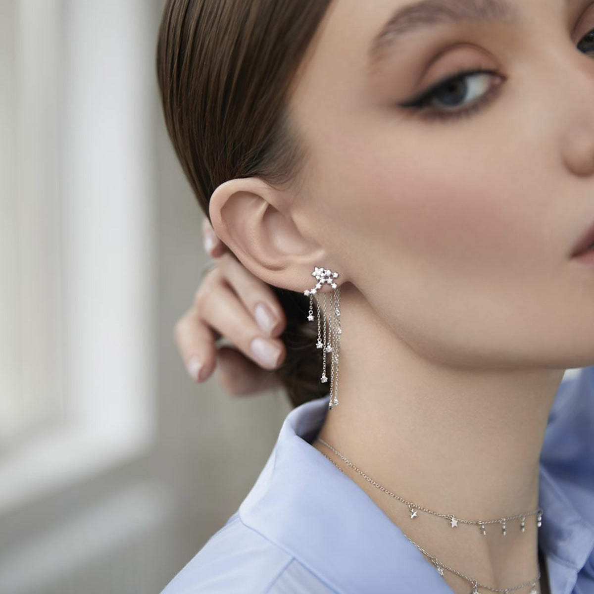 Star Fringe Earrings - 925 Silver Back Hook Light Luxury Studs