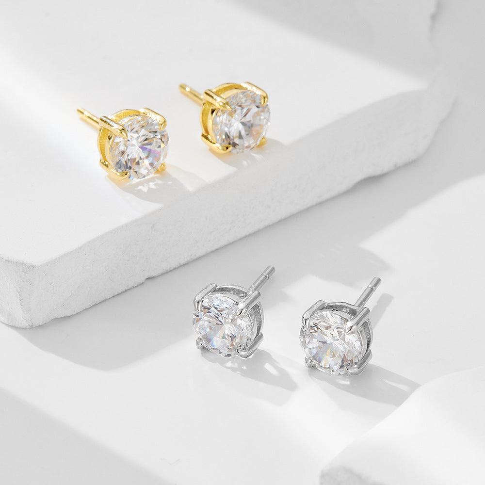 925 Sterling Silver Classic 4-Prong Round Zirconia Stud Earrings, Minimalist Daily Solitaire Jewelry