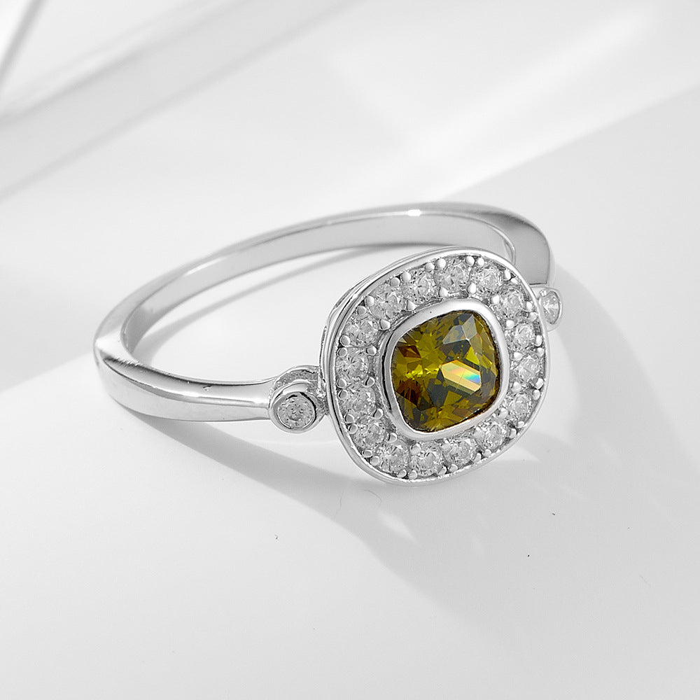 925 Sterling Silver Oval Olive Green Zirconia Ring, Vintage High-End Jewelry