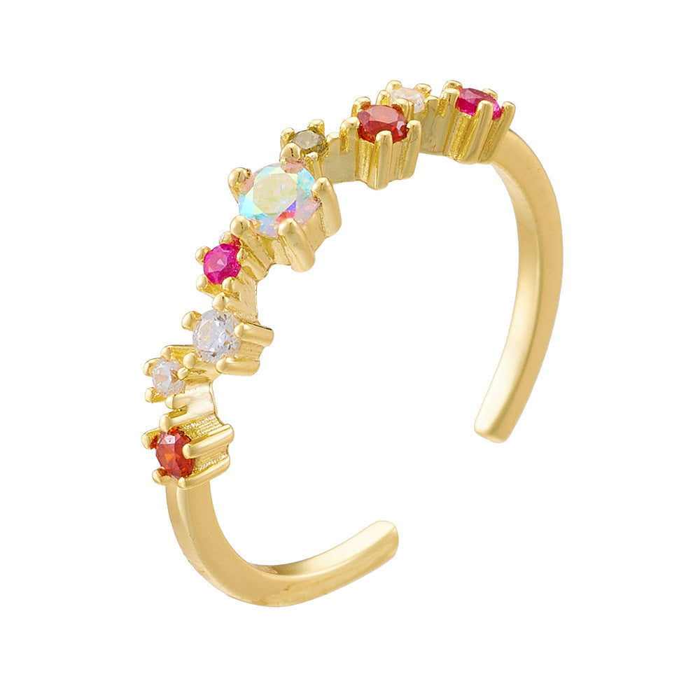 925 Sterling Silver Colorful Zirconia Open Ring, Light Luxury Romantic Ins Style Adjustable Jewelry