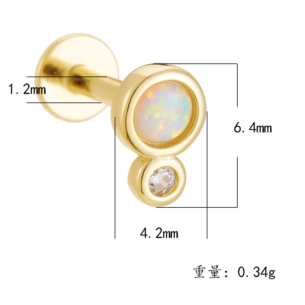 925 Sterling Silver Geometric Opal Labret Stud, Threaded Cartilage Piercing High-End Trendy Jewelry