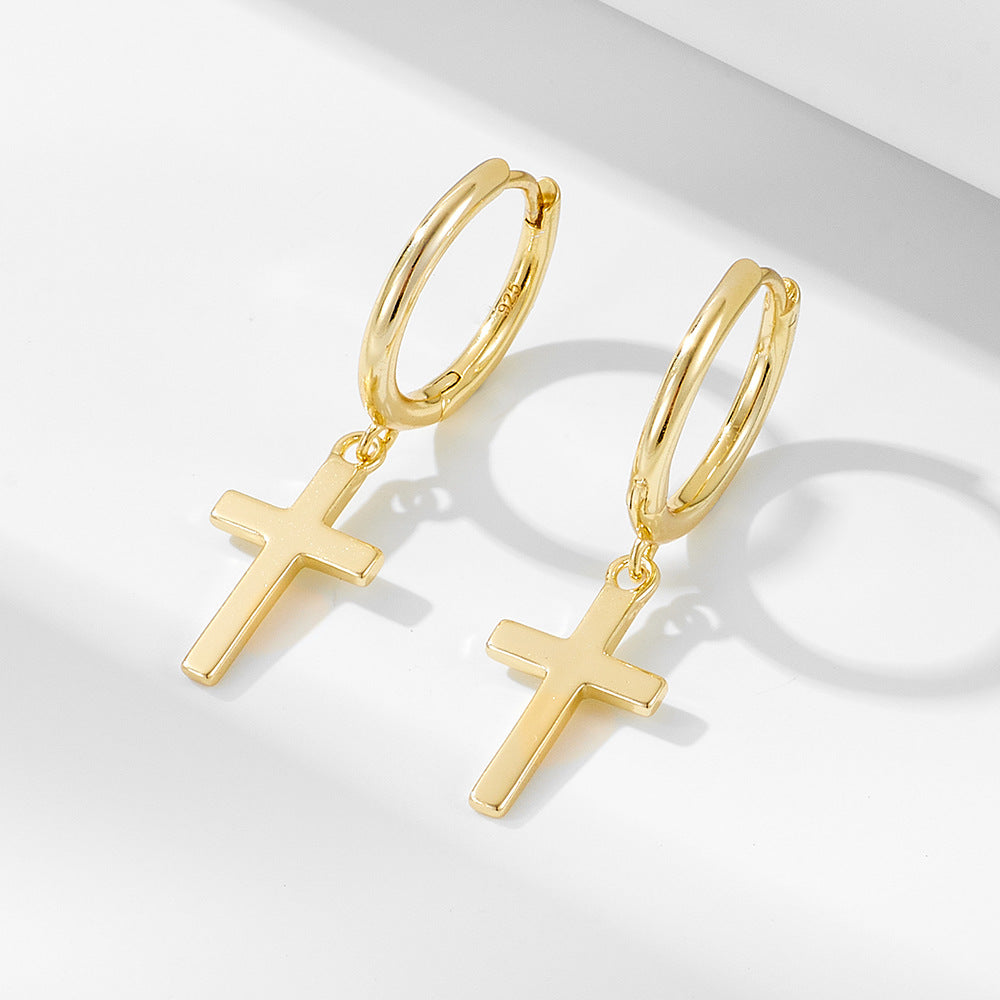 925 Sterling Silver Cross Drop Hoop Earrings, Minimalist Hip-Hop Style Jewelry