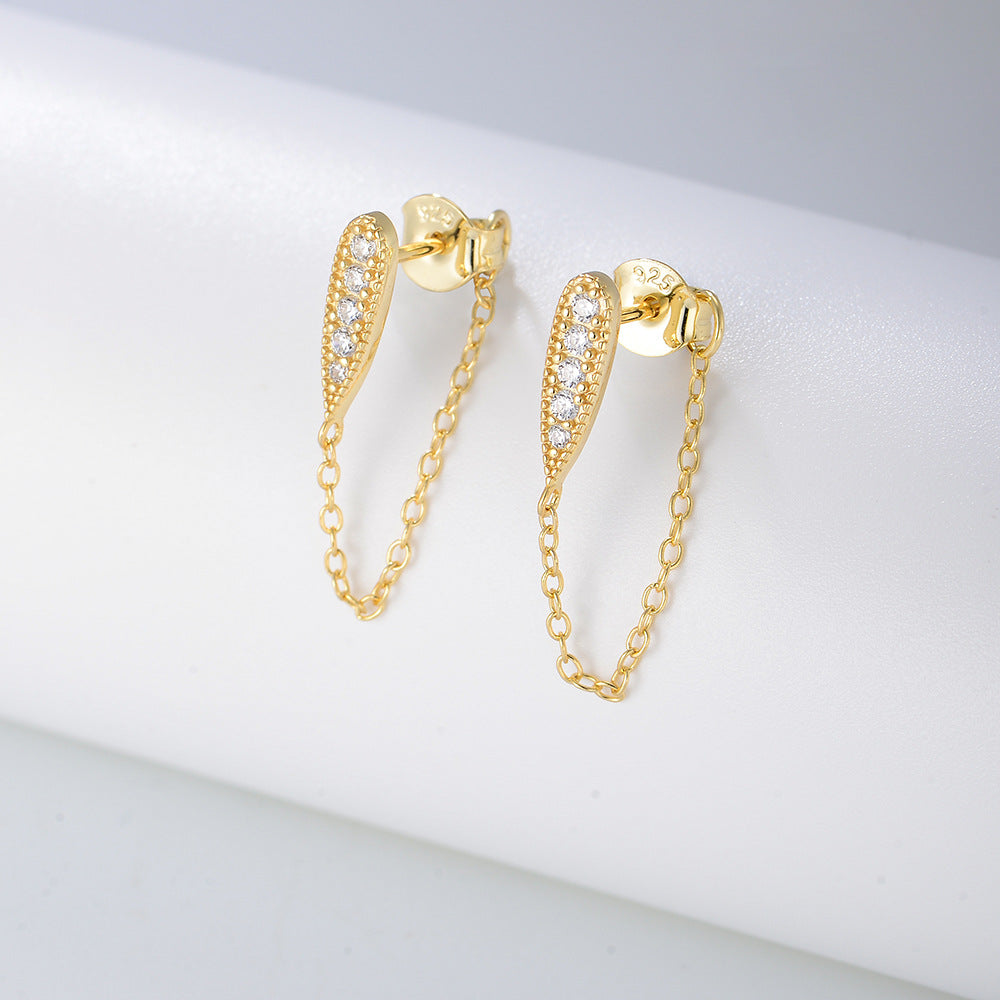 925 Sterling Silver Link Chain Tassel Stud Earrings, Minimalist Jewelry