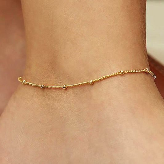 925 Sterling Silver 14K Gold Plated Tiny Bead Anklet, Retro Classic Minimalist Foot Jewelry