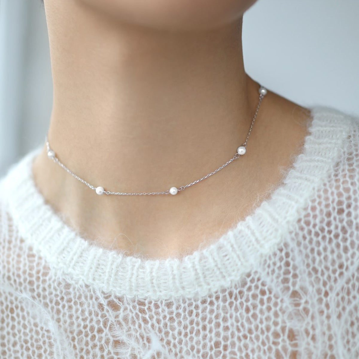 White Shell Pearl Choker - 925 Sterling Silver Minimalist Luxury Chain