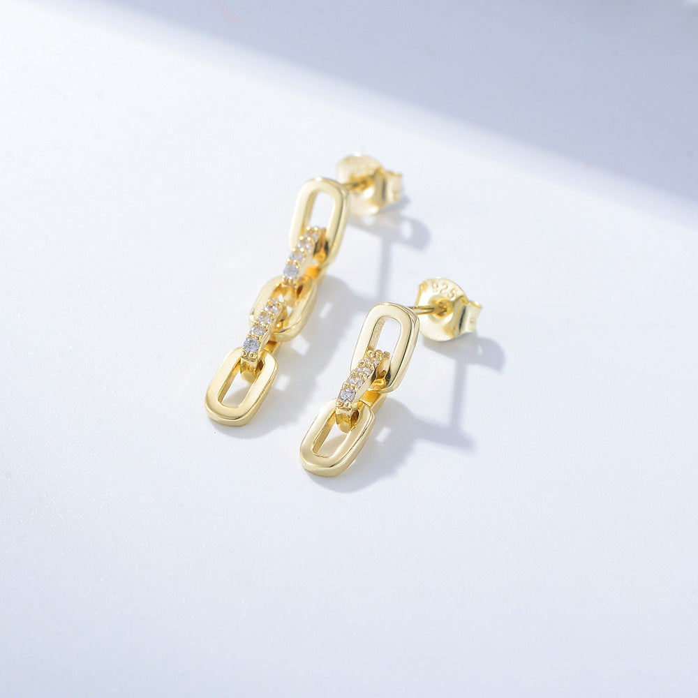 Sterling Silver Pave Zirconia Asymmetric Link Chain Drop Earrings for Women