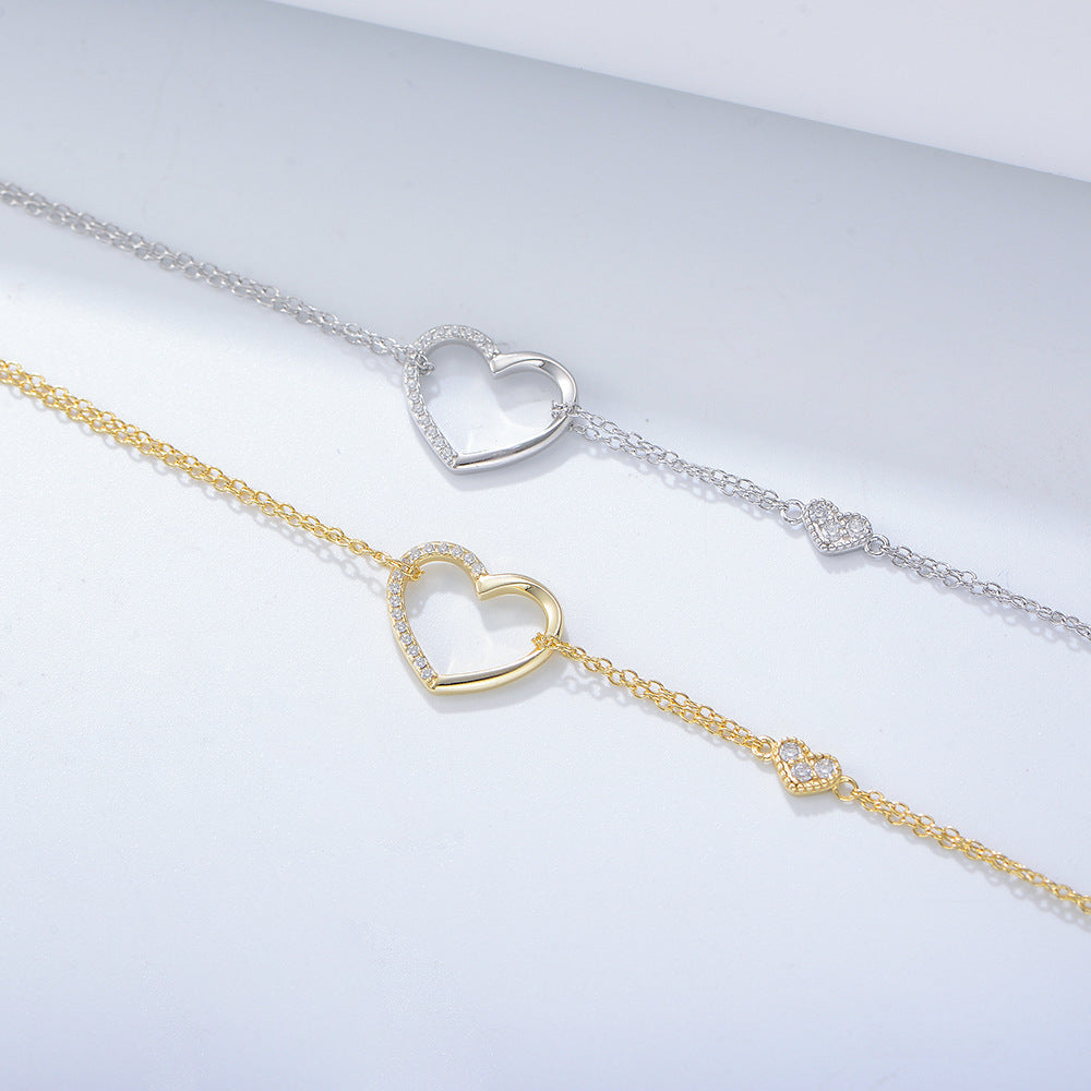 925 Sterling Silver Double-Layer Heart Link Bracelet, Sparkling Zirconia Jewelry