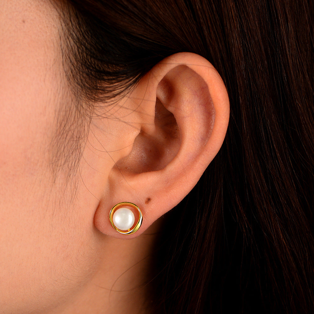 Sterling Silver Timeless Natural Pearl Stud Earrings for Women, High-End Versatile Accessory