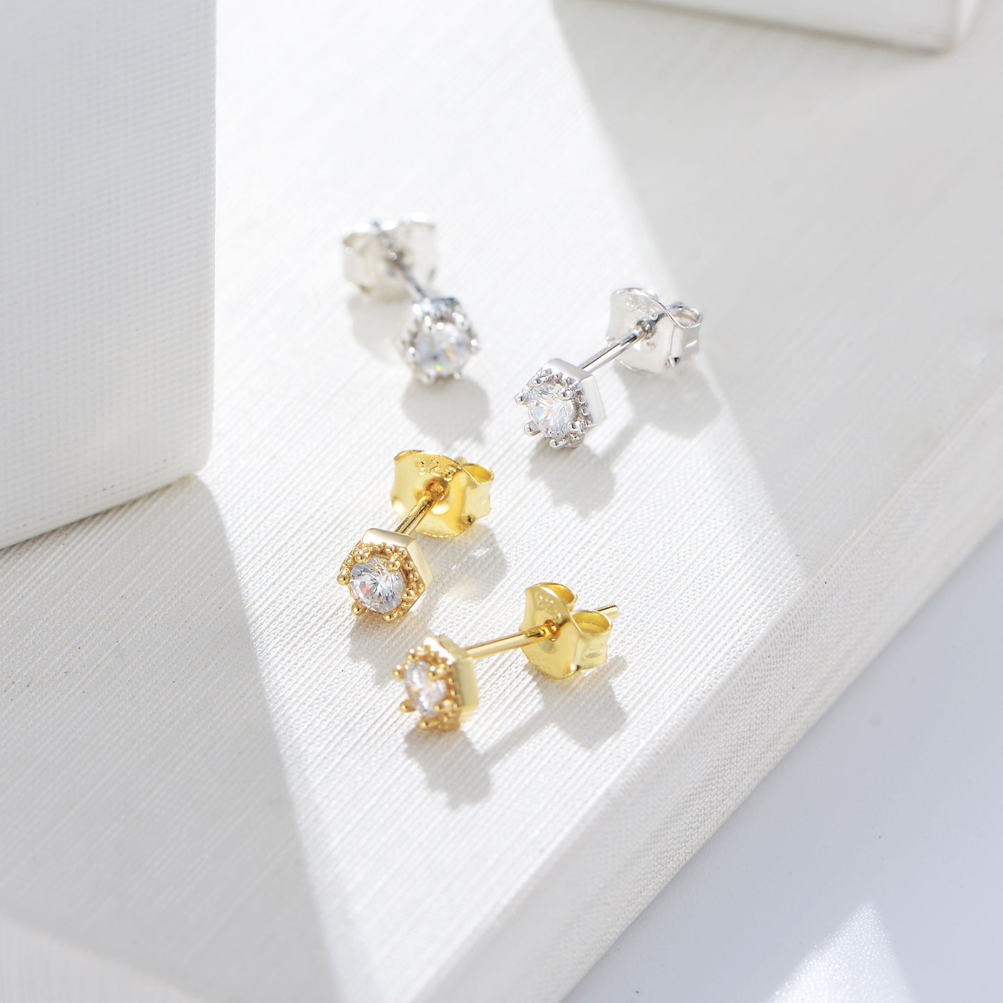 925 Sterling Silver Geometric Hexagon Stud Earrings, Minimalist Solitaire Jewelry