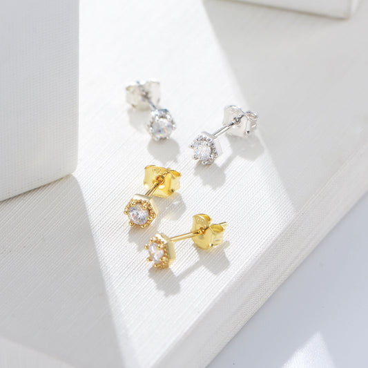 925 Sterling Silver Geometric Hexagon Stud Earrings, Minimalist Solitaire Jewelry