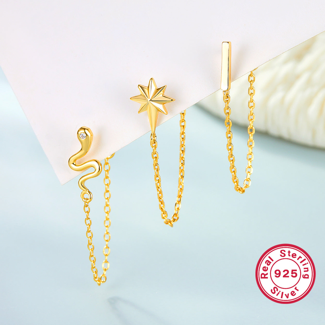 Octagram Snake Earring - 925 Silver Single Chain Geometric Jewelry