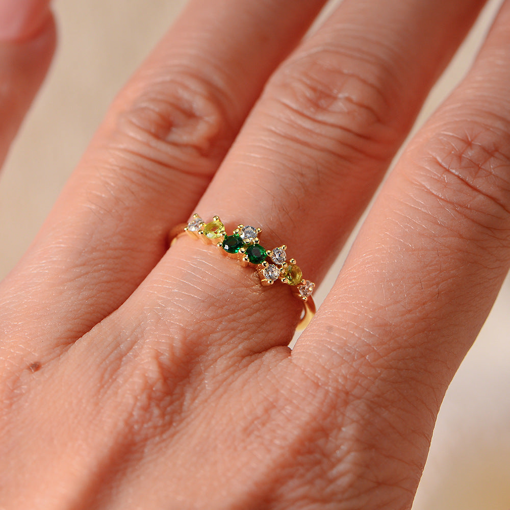 925 Sterling Silver Minimalist Colorful Zirconia Ring, Japanese Style Light Luxury Stackable Jewelry