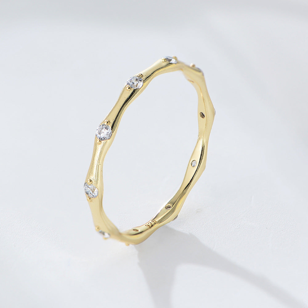 925 Sterling Silver Geometric Bamboo Joint Ring, Minimalist Zirconia High-End Jewelry