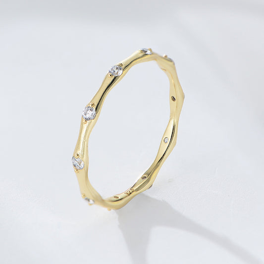 925 Sterling Silver Geometric Bamboo Joint Ring, Minimalist Zirconia High-End Jewelry