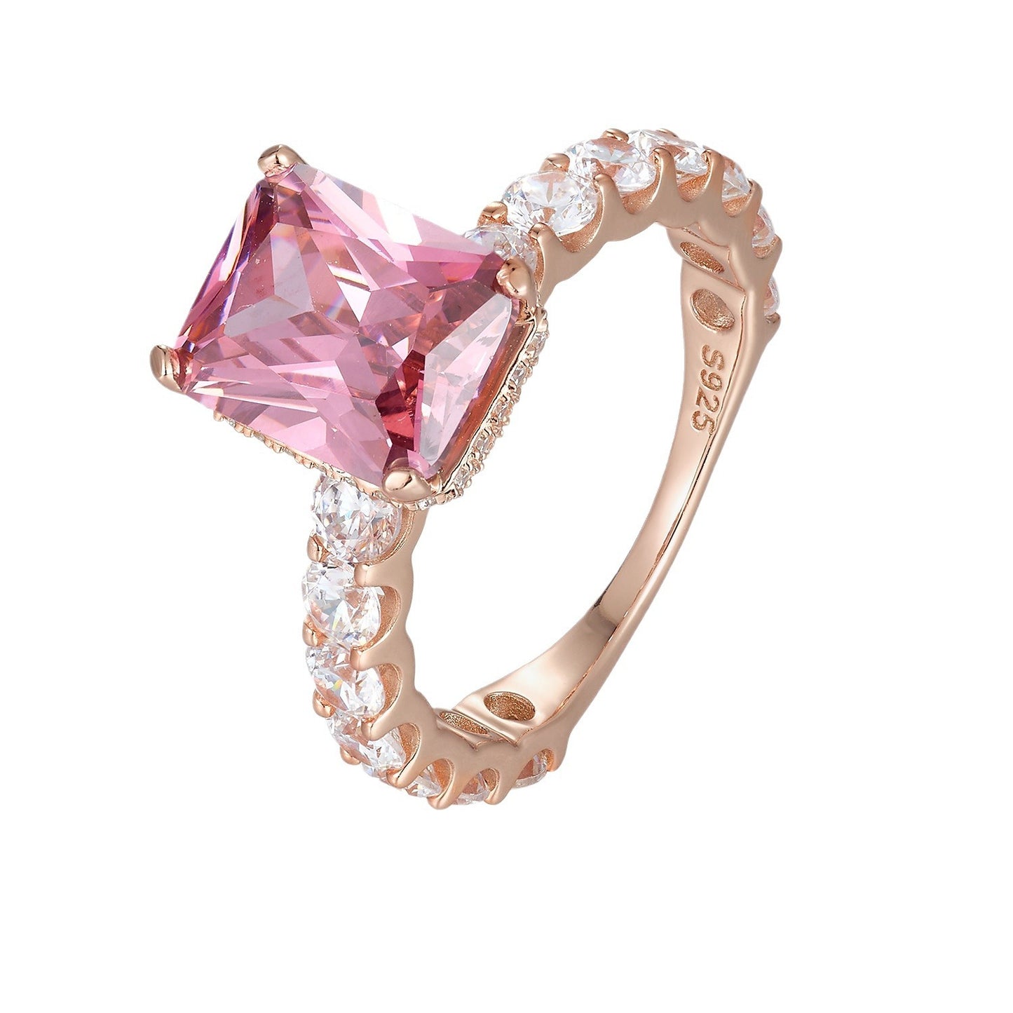 925 Sterling Silver Rose Gold Plated Full Pave Square Zirconia Ring, High-End Ins Style Luxury Jewelry