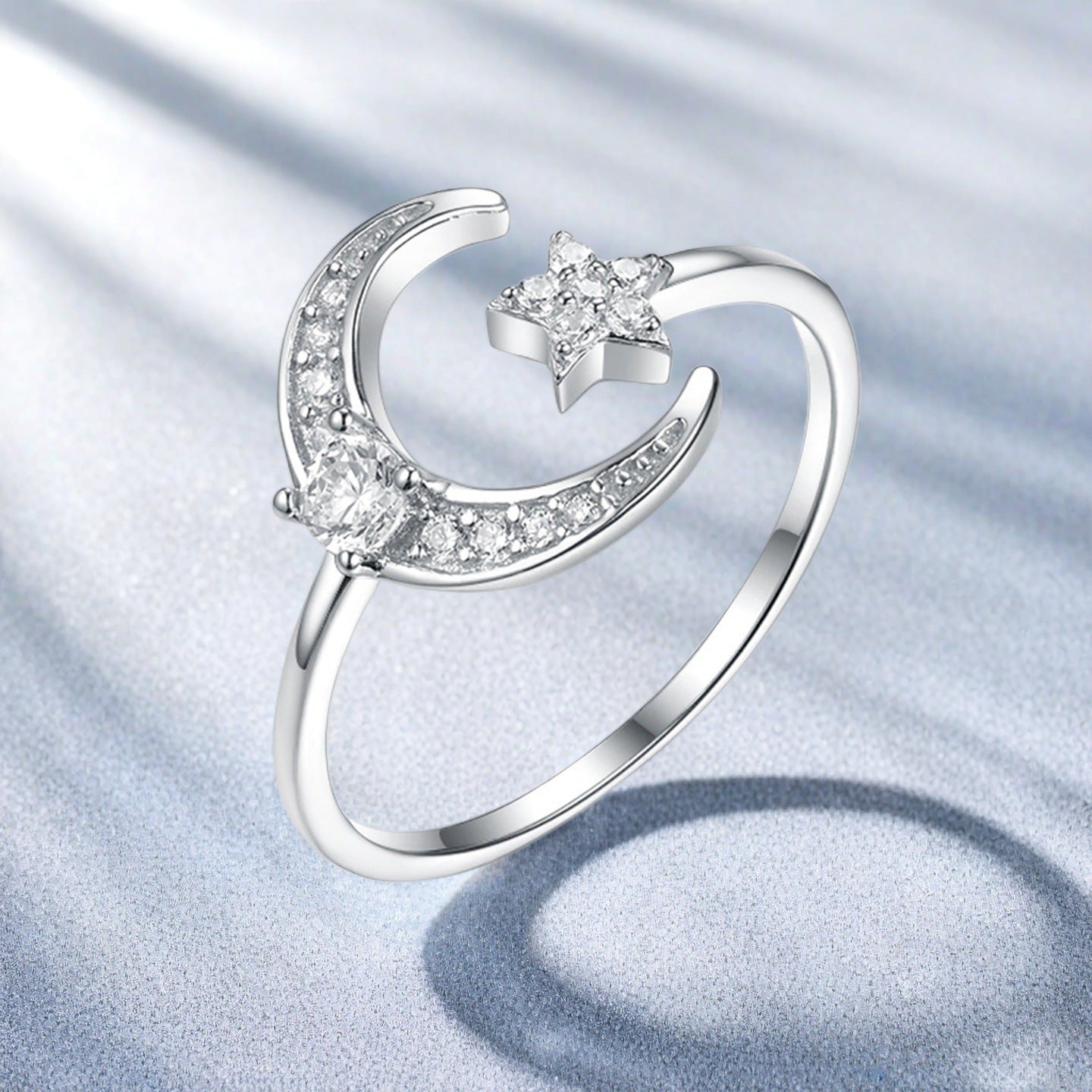 Star Moon Zircon Ring - 925 Silver Adjustable Light Luxury Jewelry