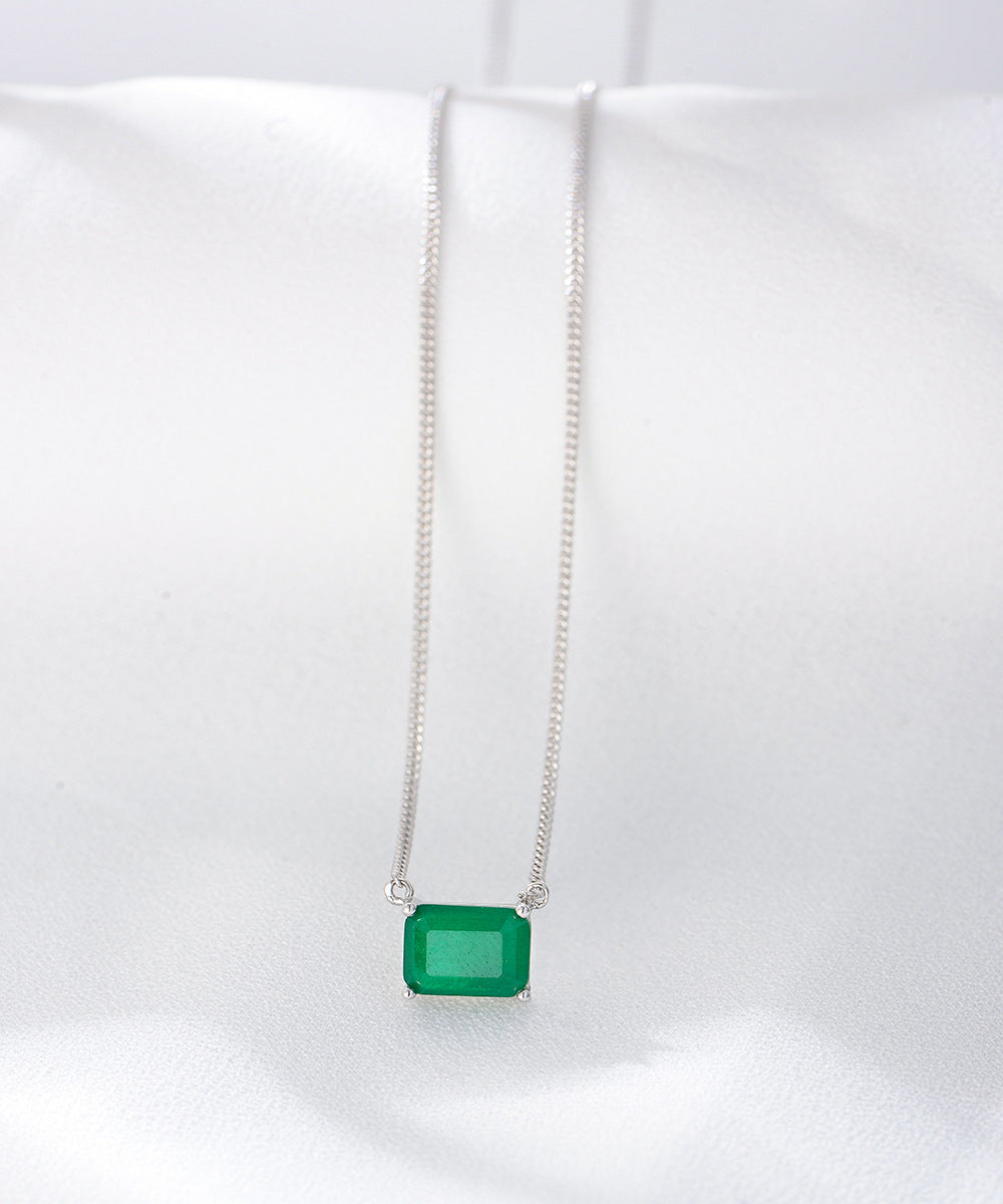 925 Sterling Silver Square Emerald Zirconia Necklace, Minimalist High-End Design Jewelry
