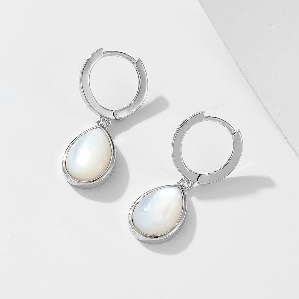 925 Sterling Silver Teardrop Natural White Shell Earrings, Minimalist High-End Dangle Jewelry