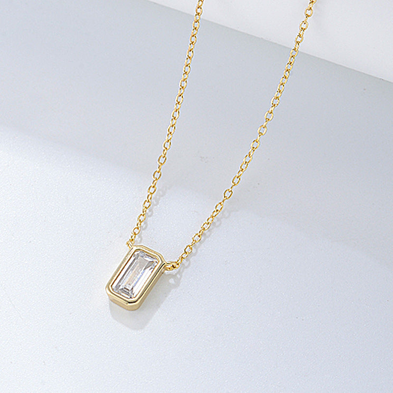 925 Sterling Silver Geometric Square Zirconia Pendant Necklace, Minimalist Jewelry