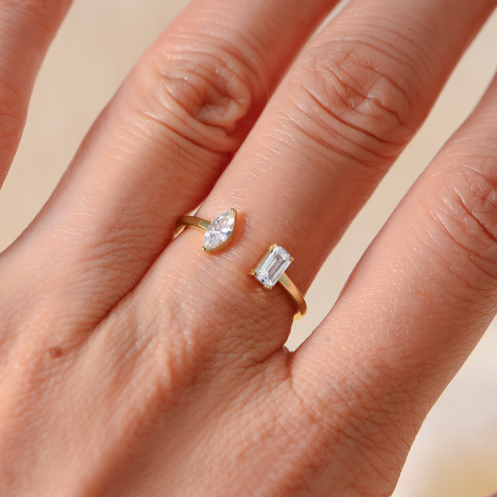 925 Sterling Silver Zirconia Open Ring, Light Luxury Geometric Ins Style Adjustable Jewelry
