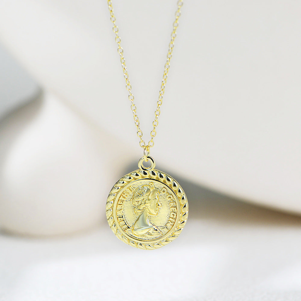 Sterling Silver Elegant Queen Portrait Coin Necklace for Women, Versatile Aesthetic Accessory