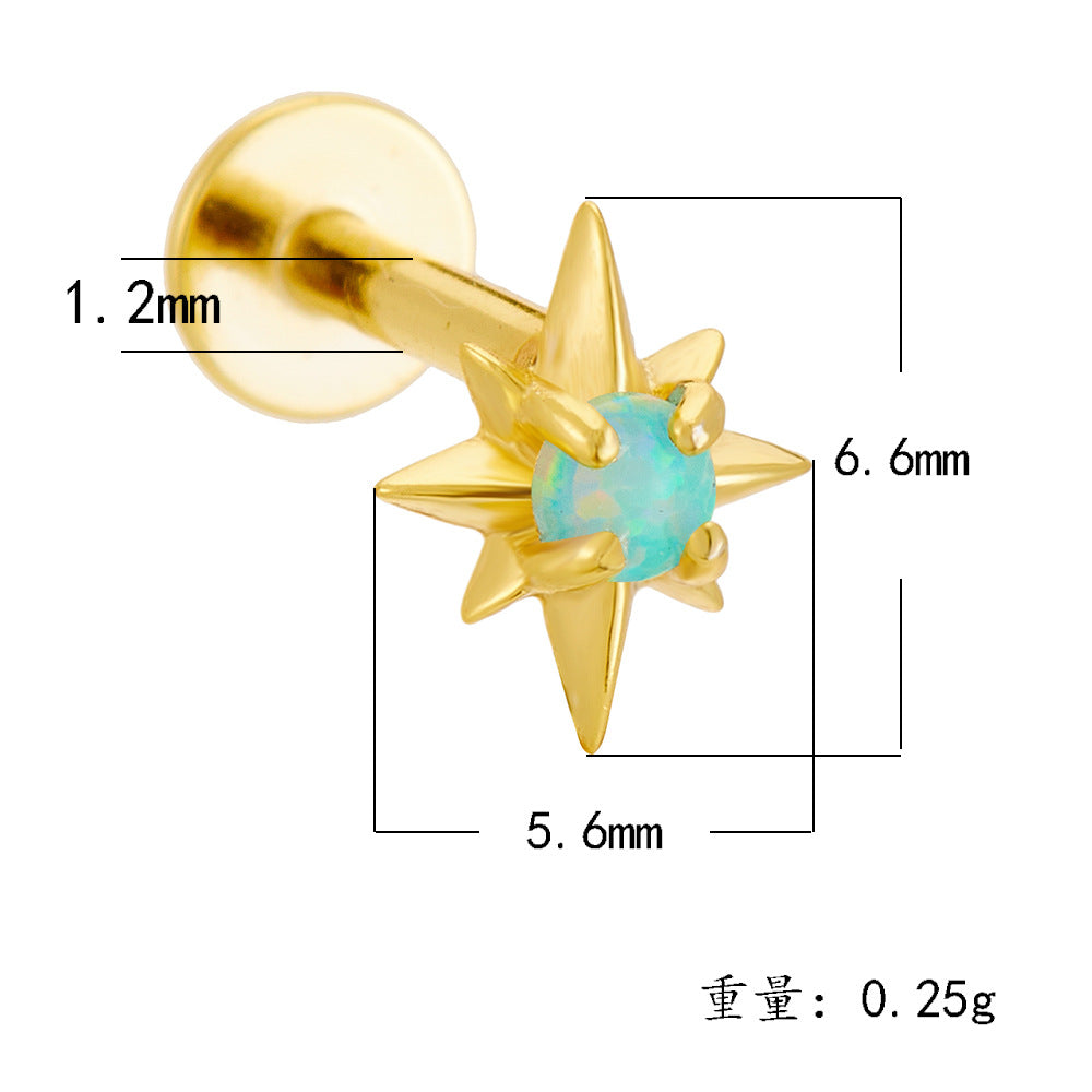 925 Sterling Silver Geometric Opal Labret Stud, Threaded Cartilage Piercing High-End Trendy Jewelry