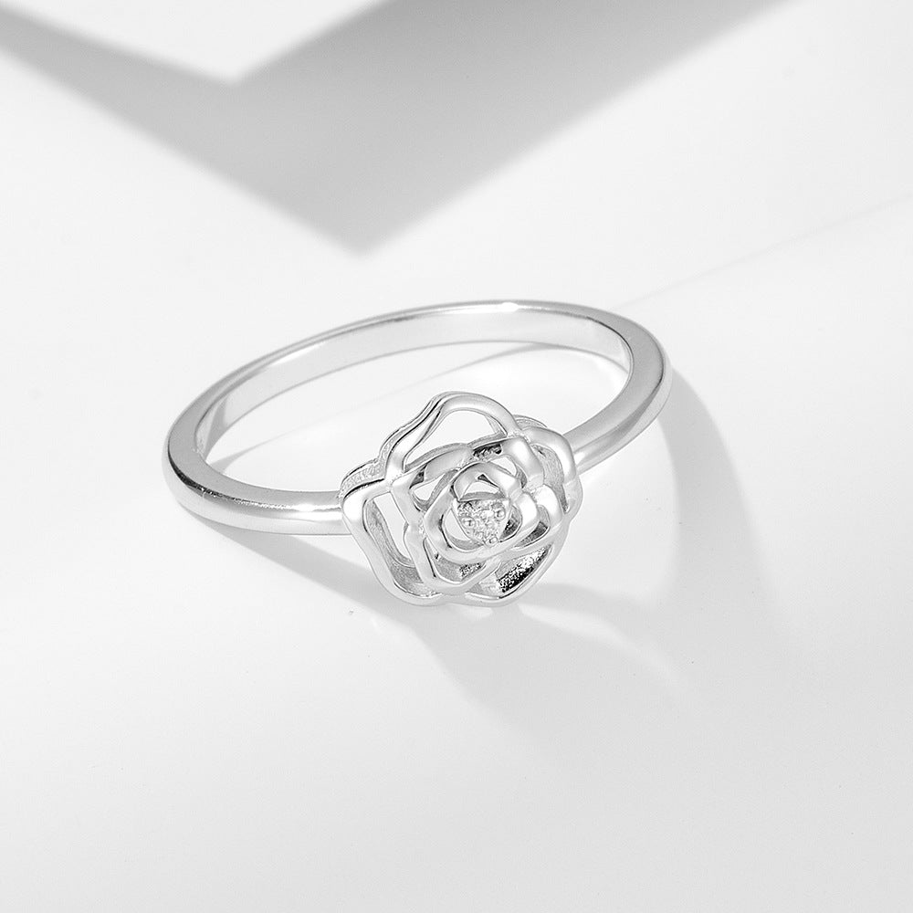 925 Sterling Silver Camellia Flower Ring, French Romantic High-End Design Jewelry