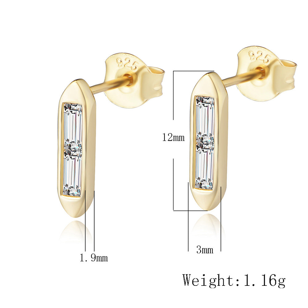 925 Sterling Silver Geometric Bar Stud Earrings, Sparkling Zirconia Jewelry