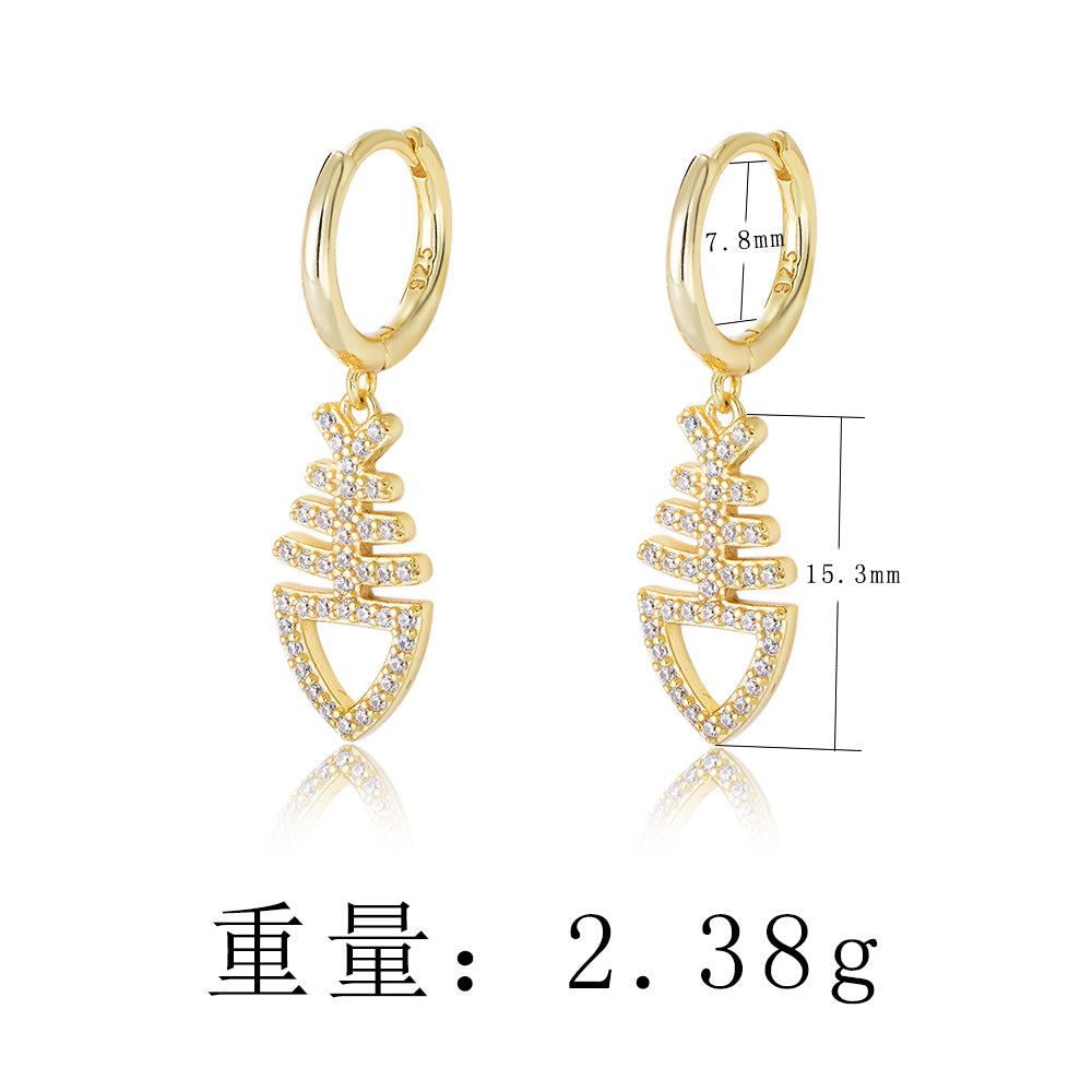 925 Sterling Silver Fish Bone Drop Earrings, Sparkling Zirconia Jewelry