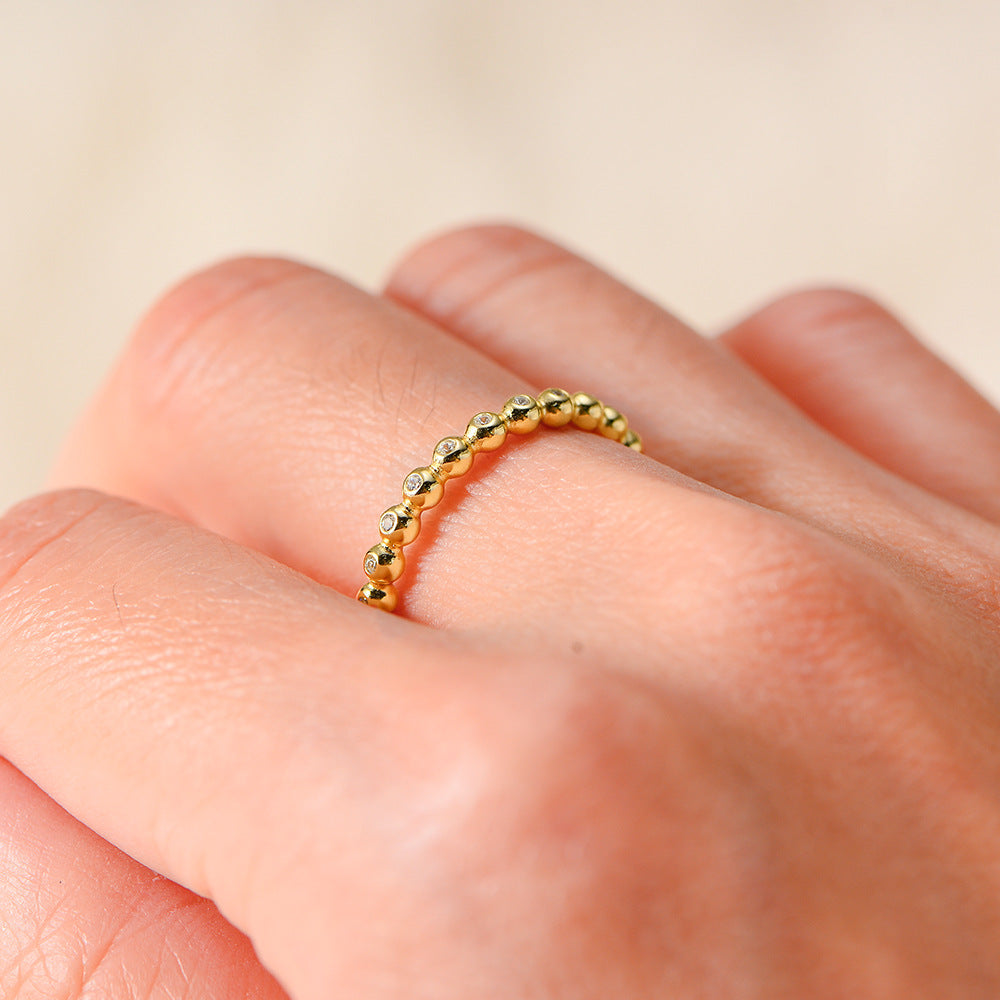 925 Sterling Silver Beaded Zirconia Ring, Minimalist High-End Stackable Jewelry