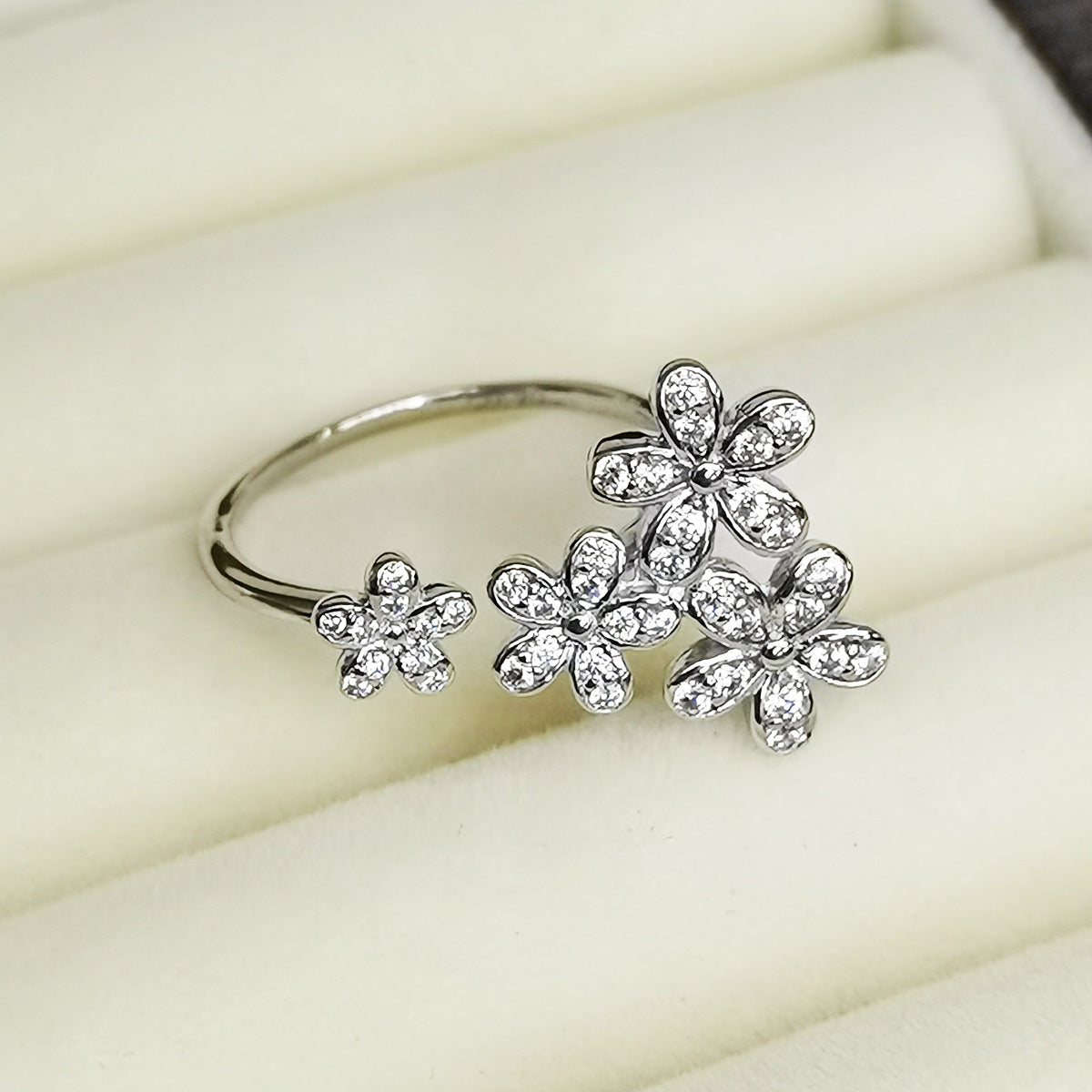 Zircon Flower Ring - S925 Silver Adjustable Sweet Christmas Gift