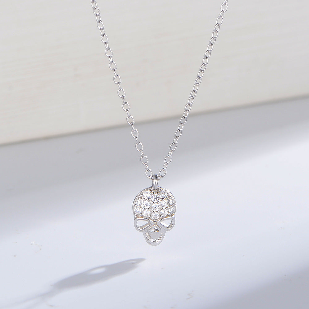 925 Sterling Silver Skull Pendant Necklace, Sparkling Zirconia Hip-Hop Jewelry