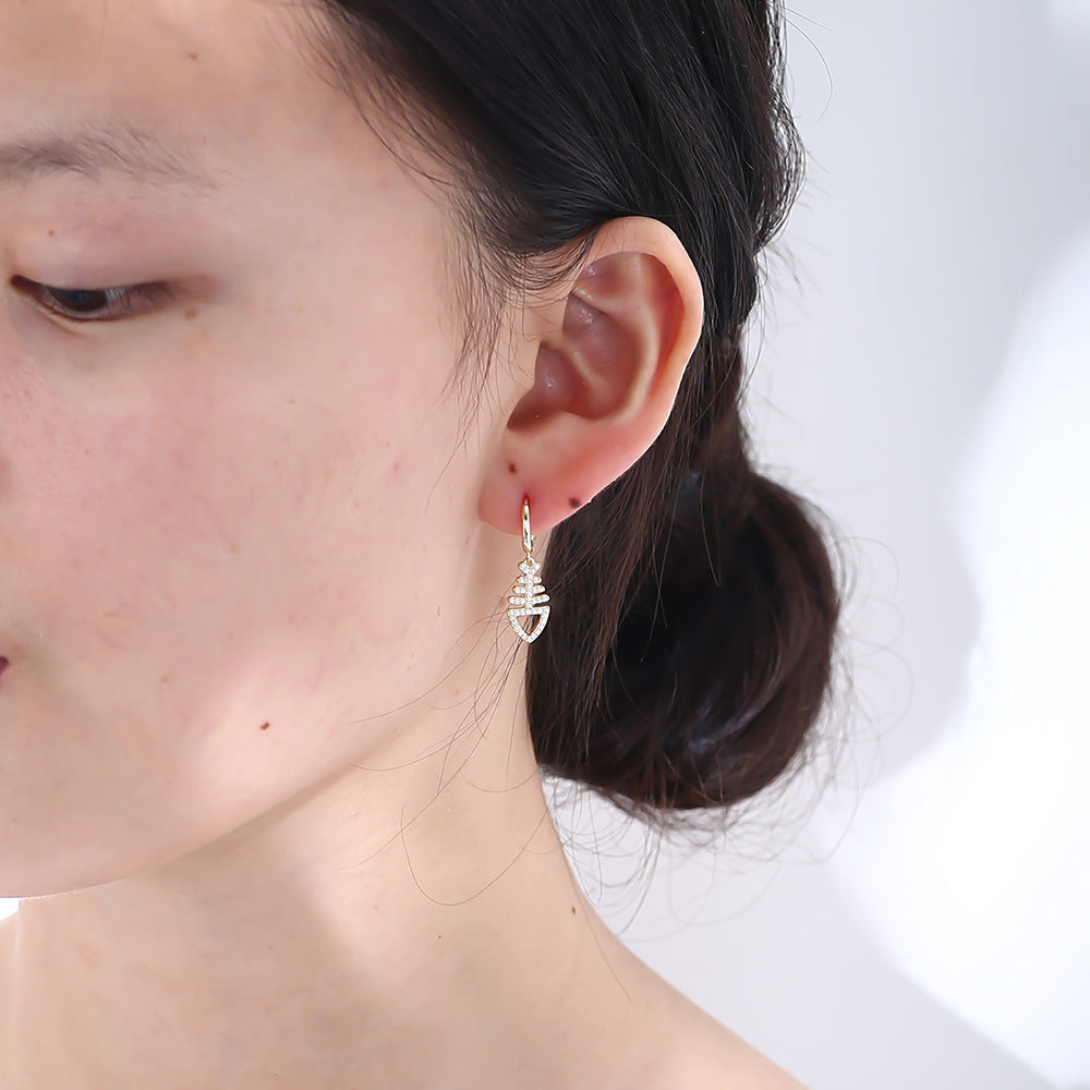 925 Sterling Silver Fish Bone Drop Earrings, Sparkling Zirconia Jewelry