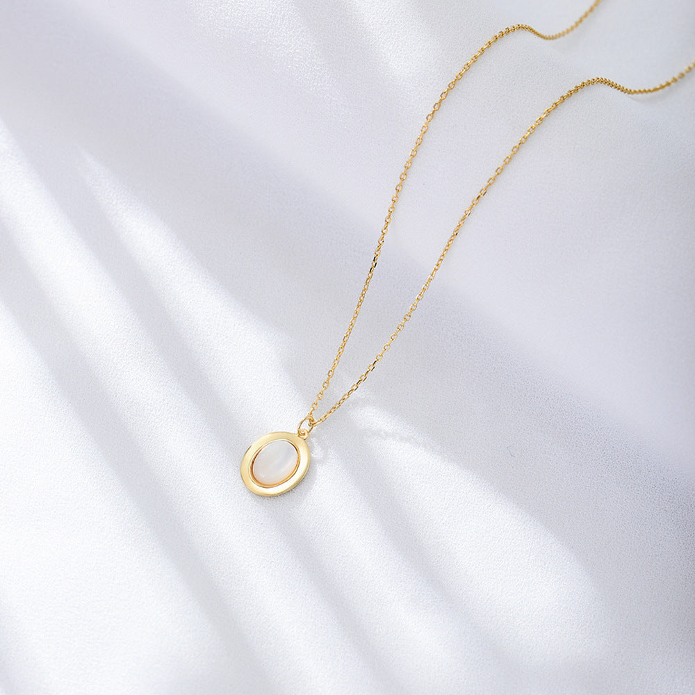 925 Sterling Silver Natural White Mother of Pearl Oval Necklace, Vintage Jewelry