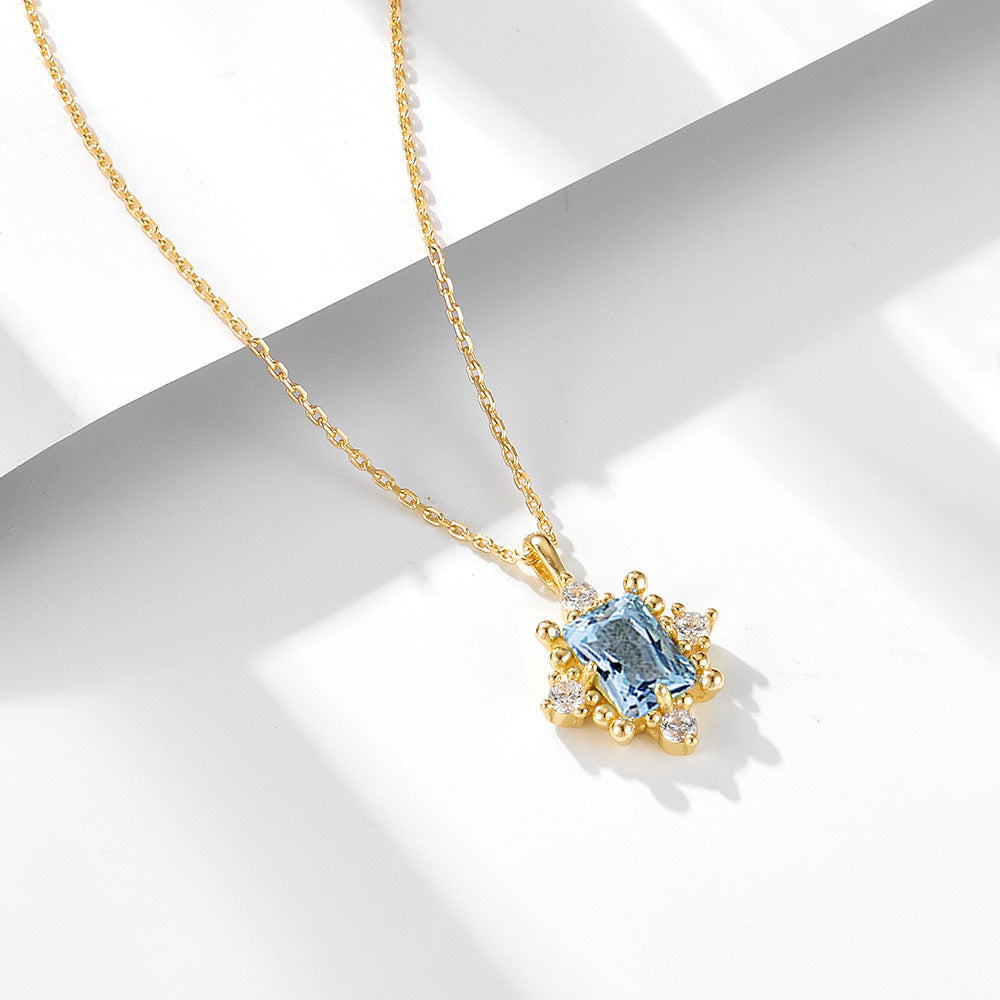 925 Sterling Silver Natural Sky Blue Topaz Necklace, Vintage Light Luxury Design Jewelry