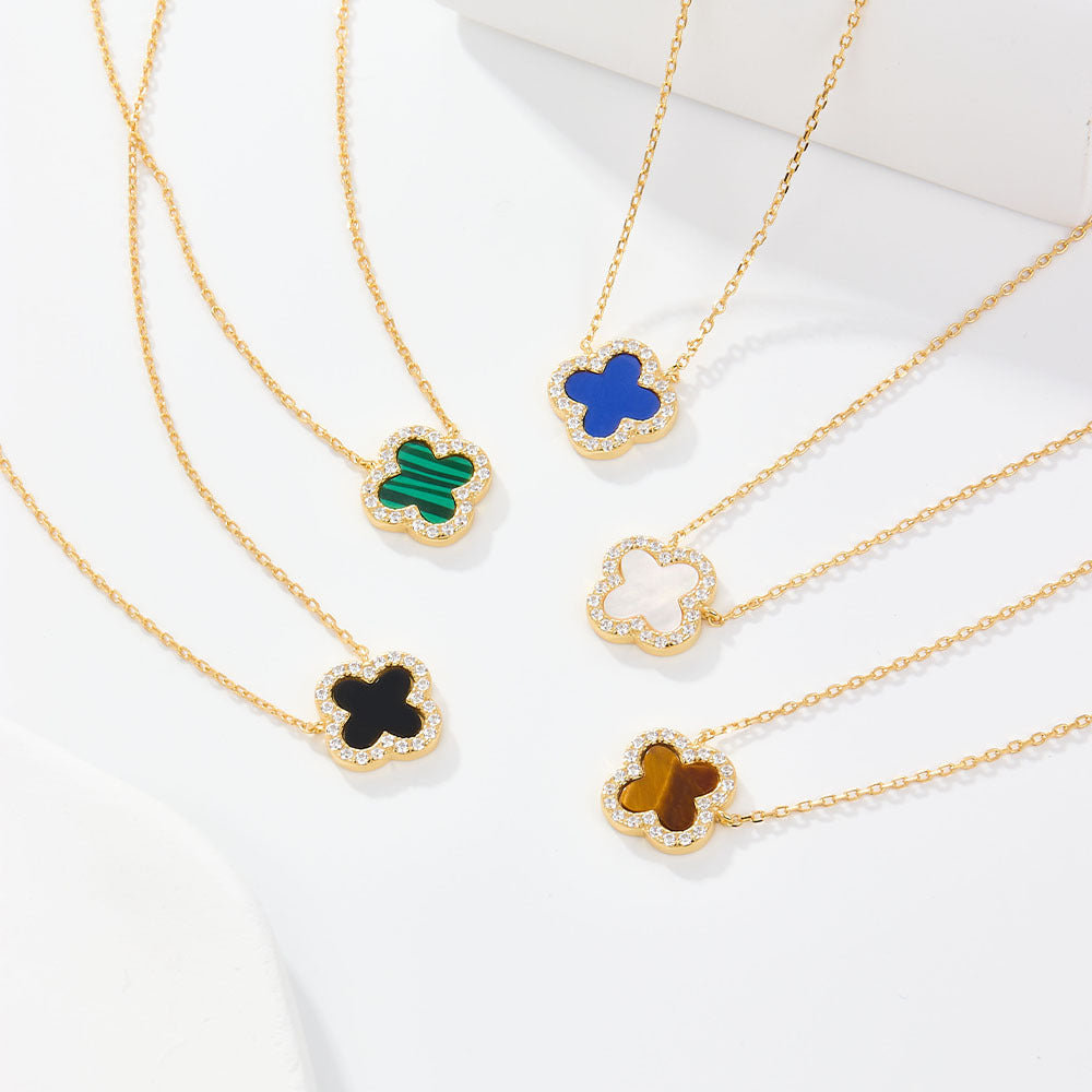 925 Sterling Silver Four-Leaf Clover Necklace | Zircon Inlaid Light Luxury Clavicle Chain for Women, Cross-Border Wholesale