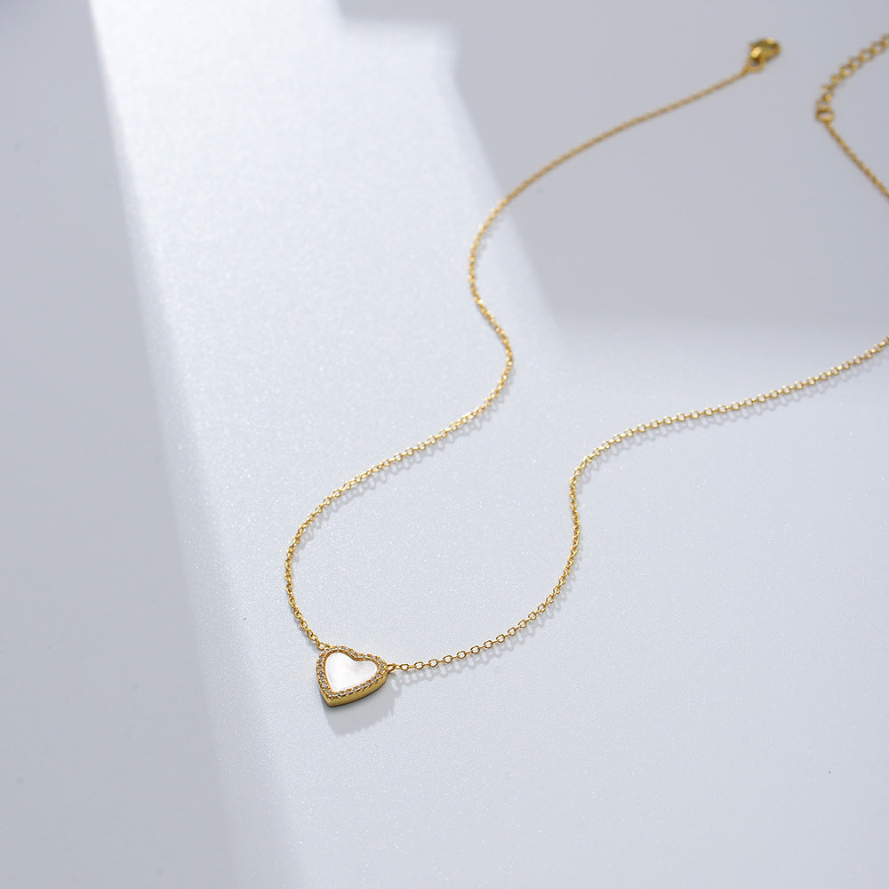 925 Sterling Silver Heart Shell Pendant Necklace, Sparkling Zirconia Jewelry