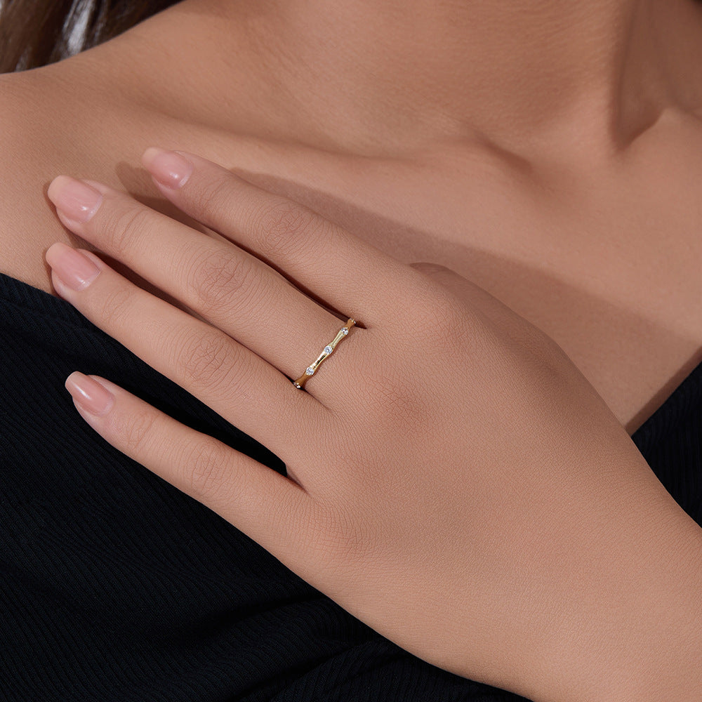 925 Sterling Silver Geometric Bamboo Joint Ring, Minimalist Zirconia High-End Jewelry