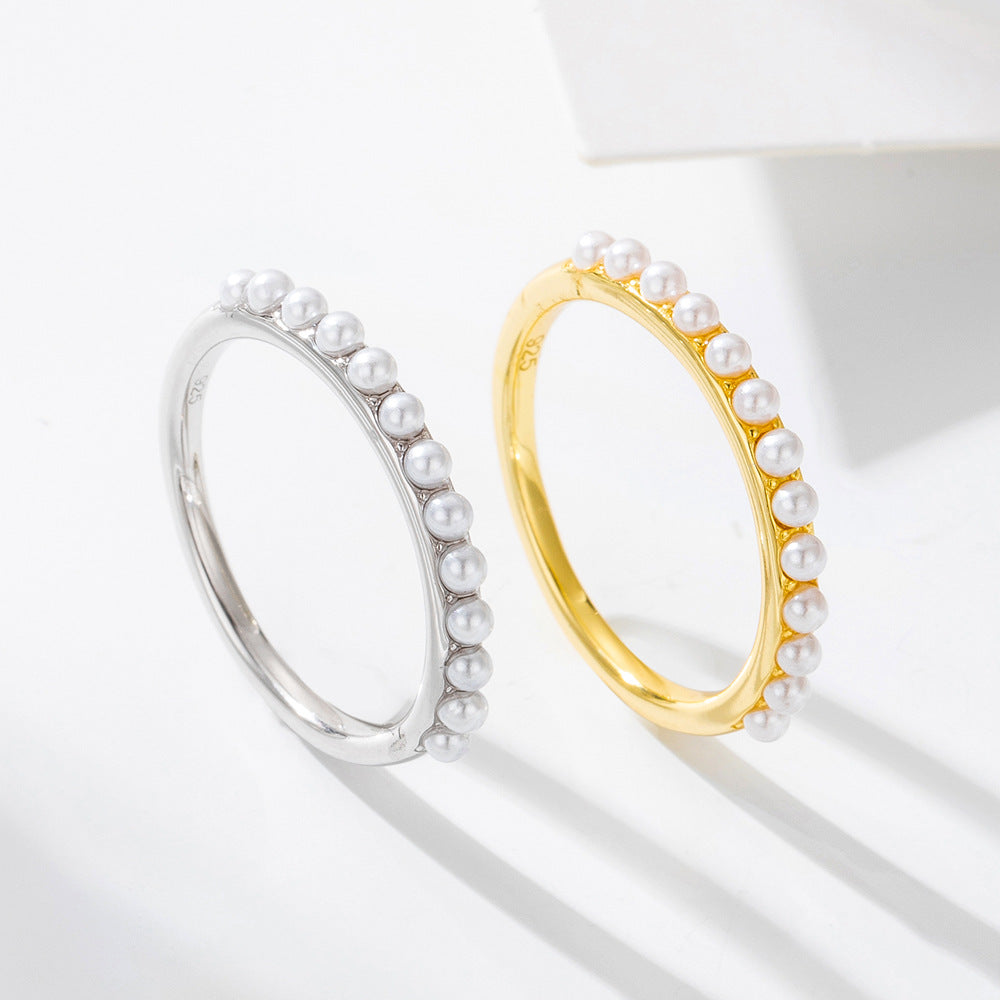 S925 Silver Elegant Solitaire Pearl Band - Unique Chic Aesthetic Ring