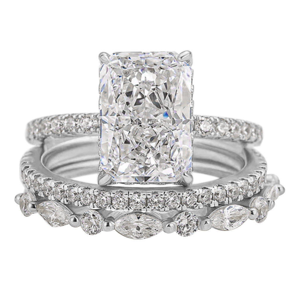 925 Sterling Silver Ice Flower Cut Zirconia Ring Set, High-End Light Luxury Ins Style Stacking Jewelry