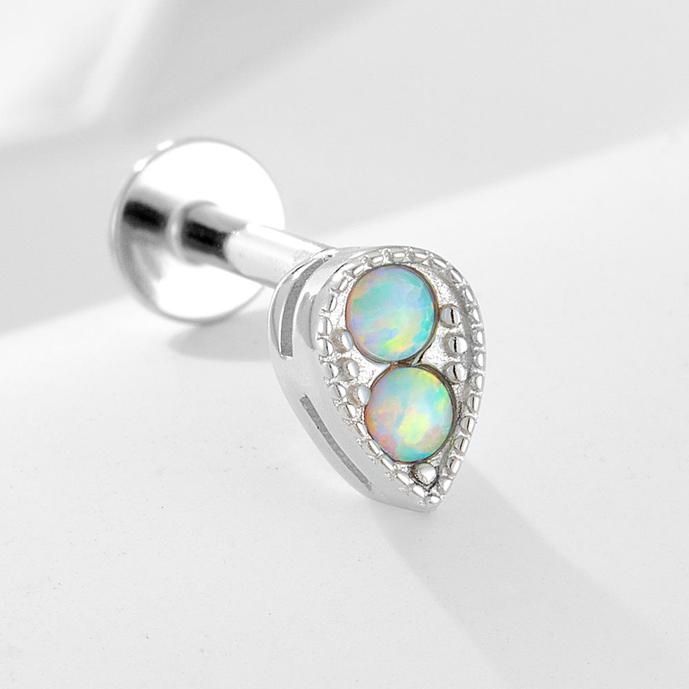925 Sterling Silver Geometric Opal Labret Stud, Threaded Cartilage Piercing High-End Trendy Jewelry